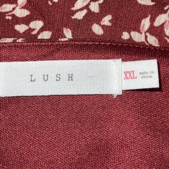 Lush Long Sleeve V-Neck Cropped Blouse - Brick Red Cream Floral Ruffled Size XXL - Picture 8 of 10